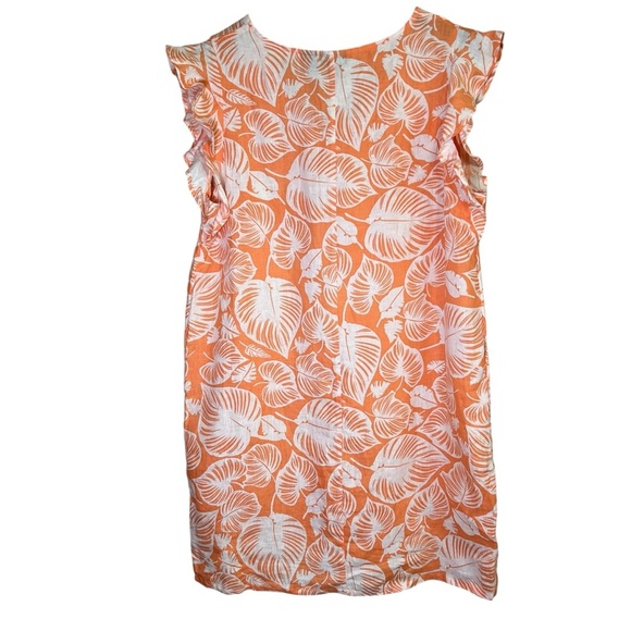 TAHARI 100% Linen Orange Tropical Leaf Dress Size Large Coastal Flutter Sleeve - Picture 10 of 11